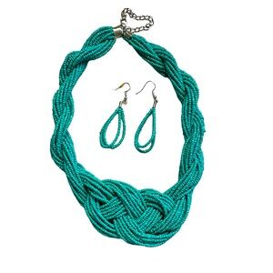 Seed Bead Braided Necklace & Earrings Set Turquoise Color Fashion Jewelry